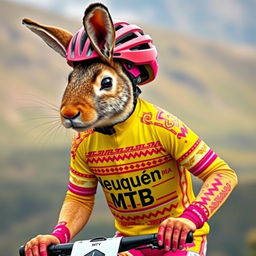 A striking depiction of a Patagonian mara dressed as a cyclist, wearing a vibrant outfit with yellow and fuchsia pink colors