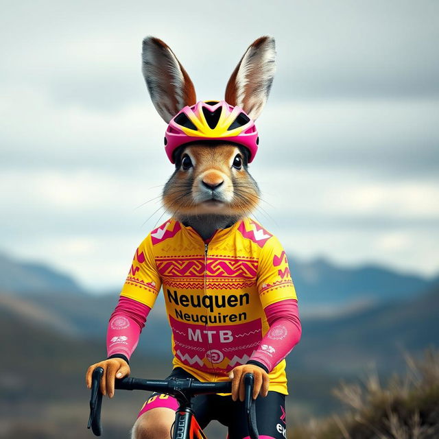 A striking depiction of a Patagonian mara dressed as a cyclist, wearing a vibrant outfit with yellow and fuchsia pink colors