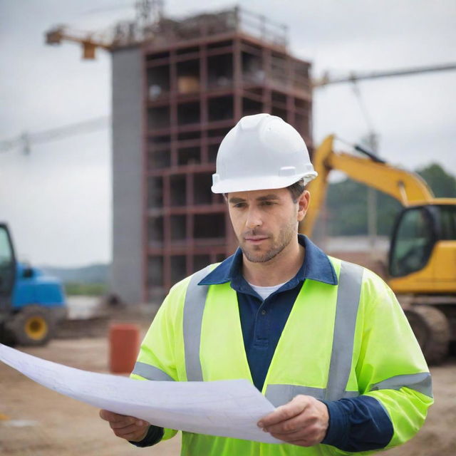 A skilled engineer with safety helmet, holding blueprints and surveying an industrial site with heavy machinery operating in the background.