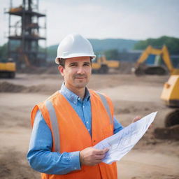 A skilled engineer with safety helmet, holding blueprints and surveying an industrial site with heavy machinery operating in the background.