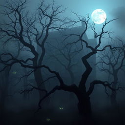 A eerie haunted forest at midnight, shrouded in thick fog