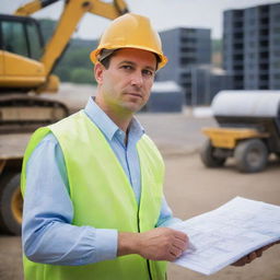 A skilled engineer with safety helmet, holding blueprints and surveying an industrial site with heavy machinery operating in the background.