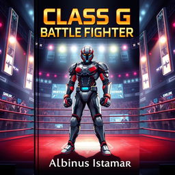 An anime-style book cover featuring a boxer in a futuristic battle suit