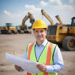 A skilled engineer with safety helmet, holding blueprints and surveying an industrial site with heavy machinery operating in the background.