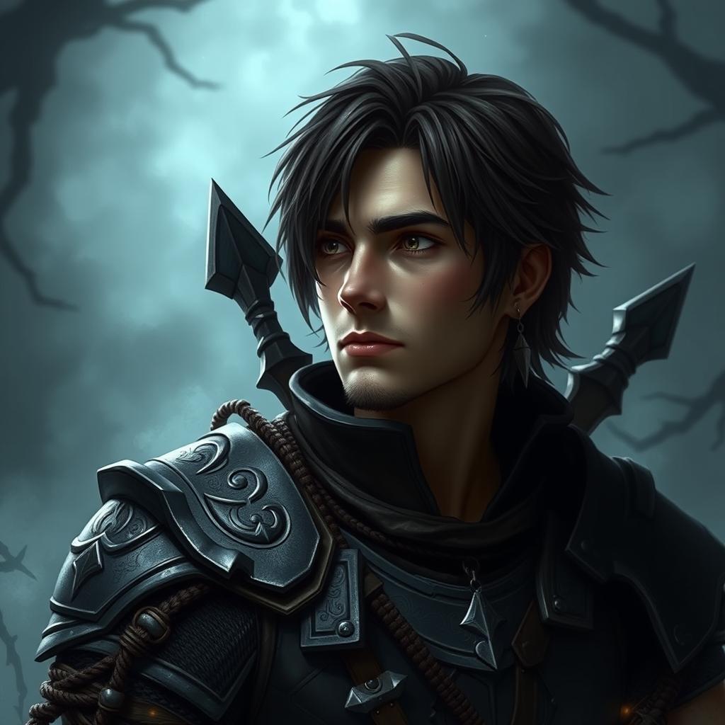 Mystical warrior portrait in a creepy, dark setting with a misty background