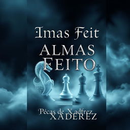 Book cover design titled "Almas Feito Peças de Xadrez", featuring a compelling image of intricately designed chess pieces that appear ethereal and ghost-like, representing souls