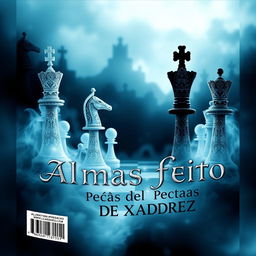 Book cover design titled "Almas Feito Peças de Xadrez", featuring a compelling image of intricately designed chess pieces that appear ethereal and ghost-like, representing souls