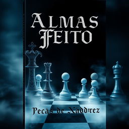 Book cover design titled "Almas Feito Peças de Xadrez", featuring a compelling image of intricately designed chess pieces that appear ethereal and ghost-like, representing souls