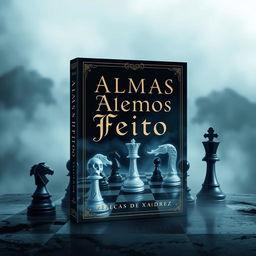 Book cover design titled "Almas Feito Peças de Xadrez", featuring a compelling image of intricately designed chess pieces that appear ethereal and ghost-like, representing souls