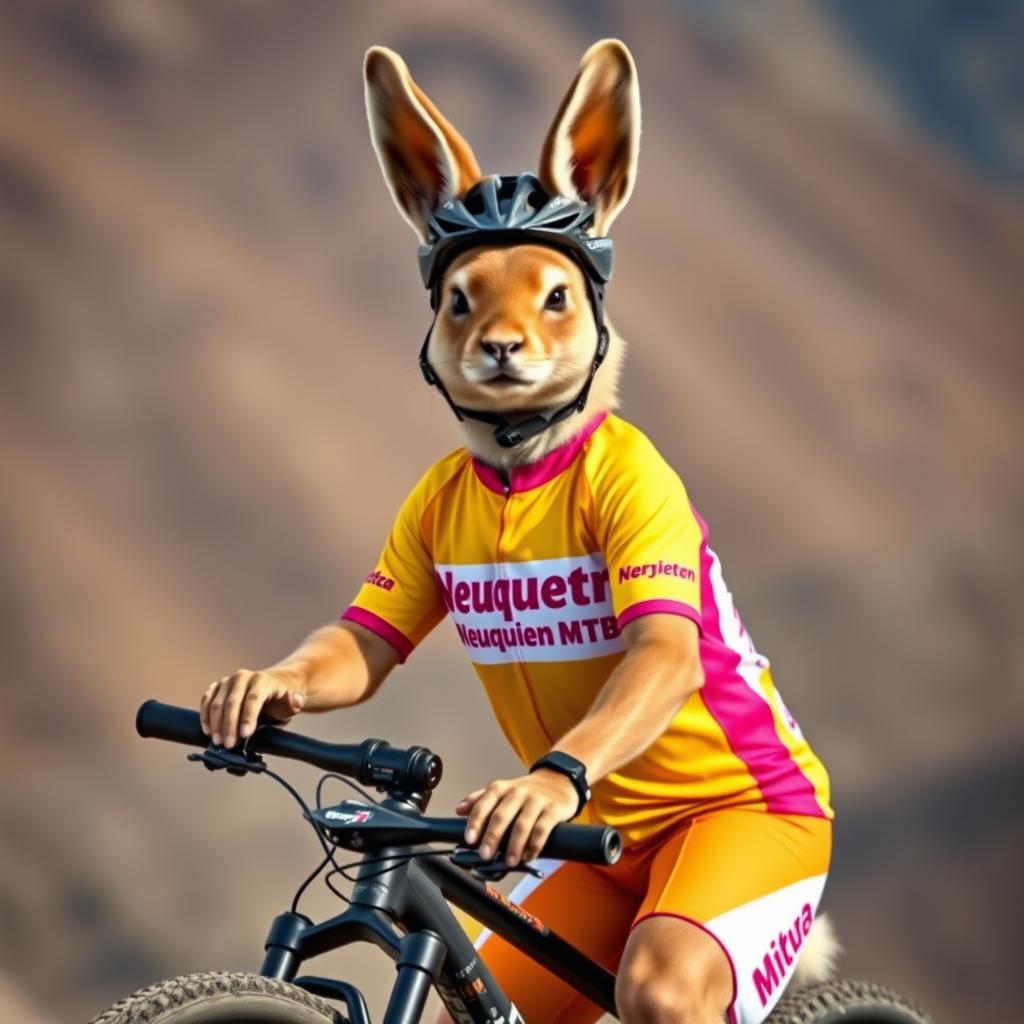 A captivating image of a Patagonian mara dressed as a mountain biker, equipped with a 29-inch wheeled mountain bike