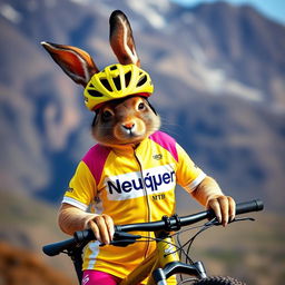 A captivating image of a Patagonian mara dressed as a mountain biker, equipped with a 29-inch wheeled mountain bike