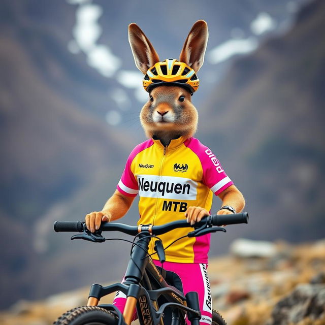 A captivating image of a Patagonian mara dressed as a mountain biker, equipped with a 29-inch wheeled mountain bike