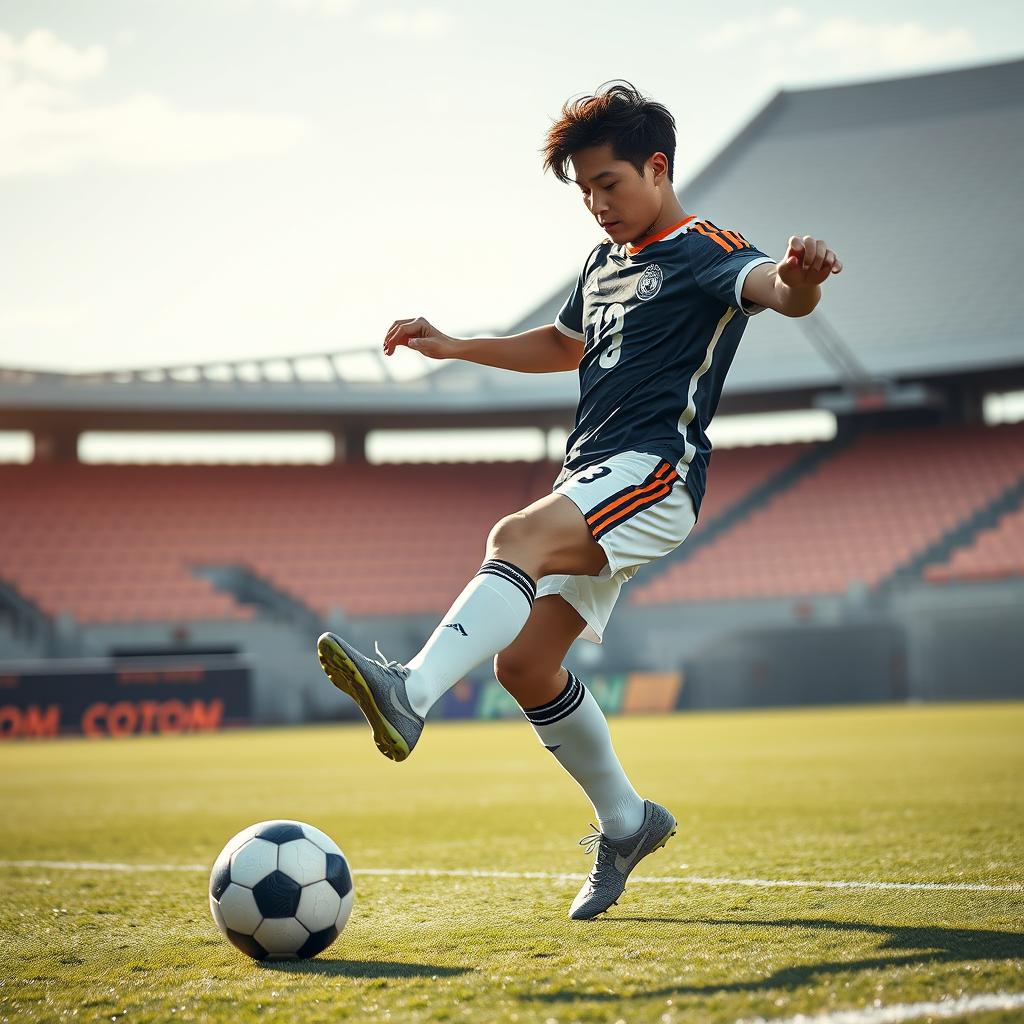 Jeon Jungkook playing soccer with high-energy captured mid-kick