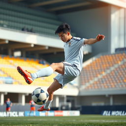 Jeon Jungkook playing soccer with high-energy captured mid-kick