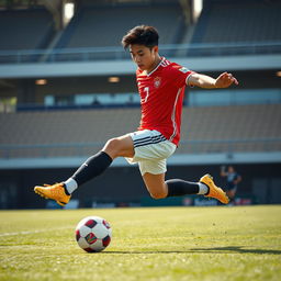 Jeon Jungkook playing soccer with high-energy captured mid-kick