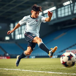 Jeon Jungkook playing soccer with high-energy captured mid-kick