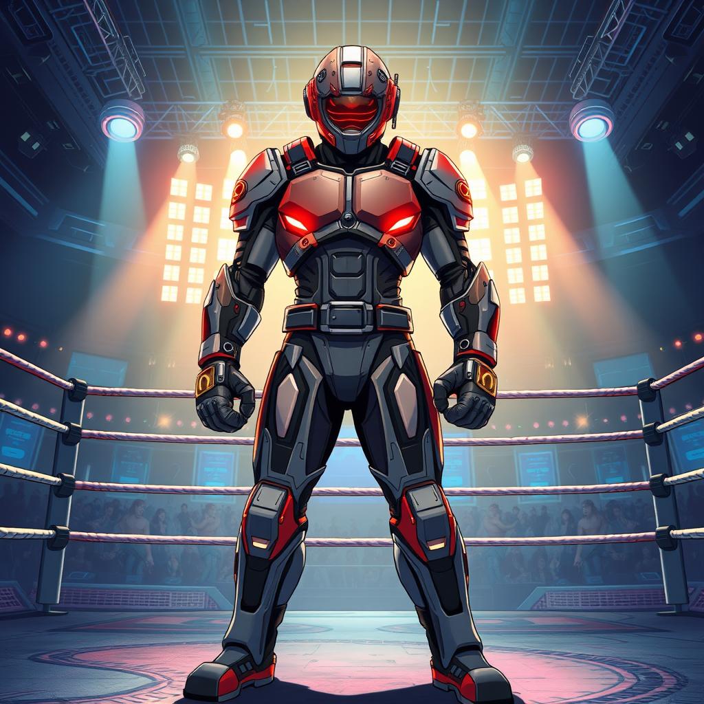 An anime-style book cover depicting a boxer clad in a futuristic battle suit, standing powerfully in the center of a futuristic MMA ring