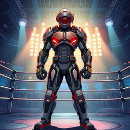 An anime-style book cover depicting a boxer clad in a futuristic battle suit, standing powerfully in the center of a futuristic MMA ring