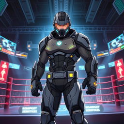 An anime-style book cover depicting a boxer clad in a futuristic battle suit, standing powerfully in the center of a futuristic MMA ring