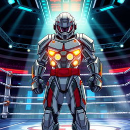 An anime-style book cover depicting a boxer clad in a futuristic battle suit, standing powerfully in the center of a futuristic MMA ring