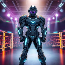 An anime-style book cover depicting a boxer clad in a futuristic battle suit, standing powerfully in the center of a futuristic MMA ring