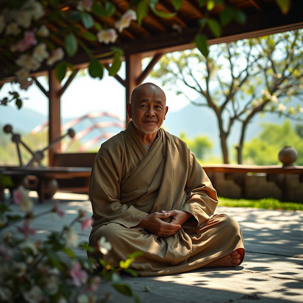 A serene scene of a wise monk seated in a tranquil monastery setting, exuding an aura of peace and enlightenment