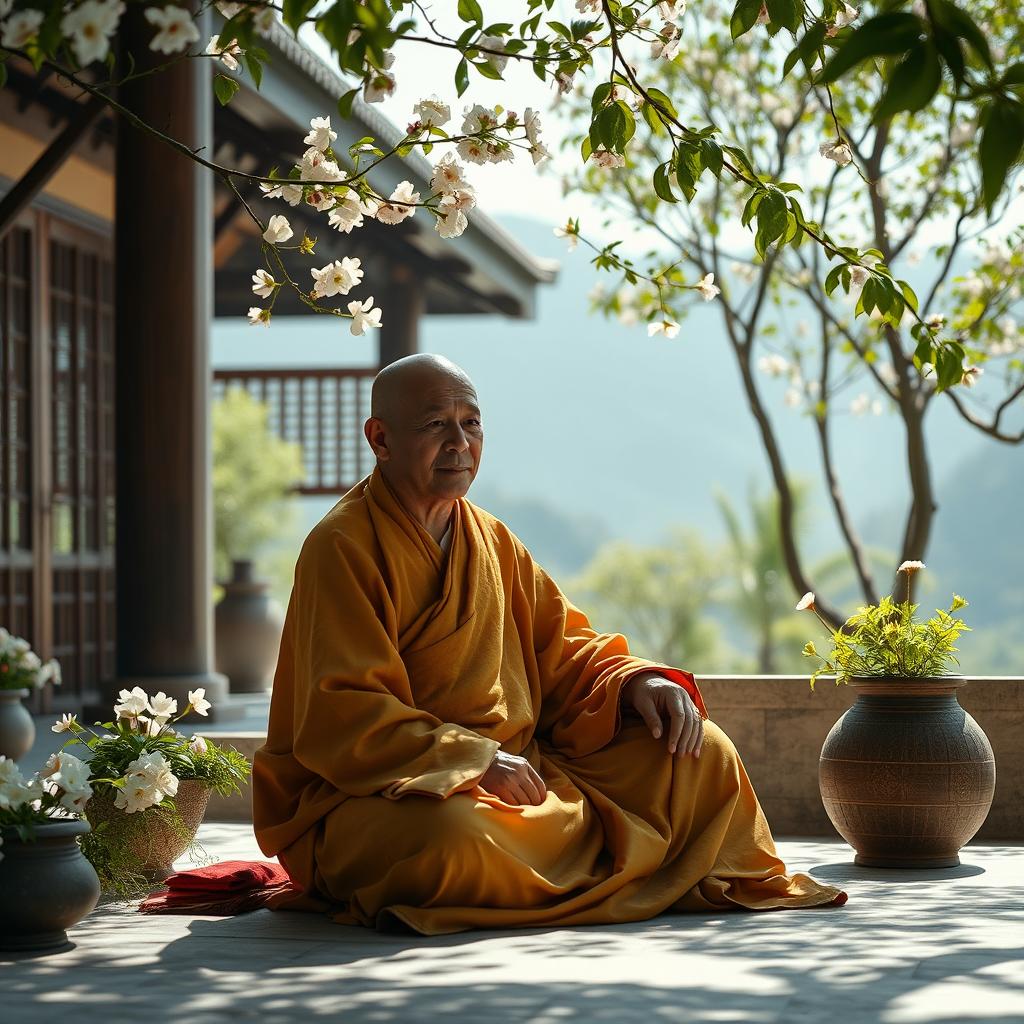 A serene scene of a wise monk seated in a tranquil monastery setting, exuding an aura of peace and enlightenment