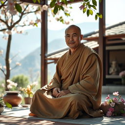 A serene scene of a wise monk seated in a tranquil monastery setting, exuding an aura of peace and enlightenment