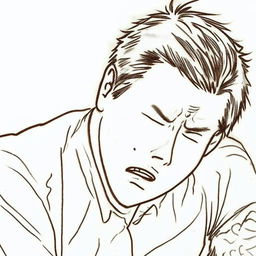 Intensify the man's state of hangover in the manga-style depiction, amplifying his expressions of discomfort and anguish to demonstrate that he feels extremely awful.