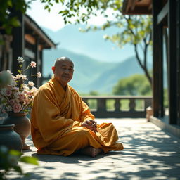 A serene scene of a wise monk seated in a tranquil monastery setting, exuding an aura of peace and enlightenment