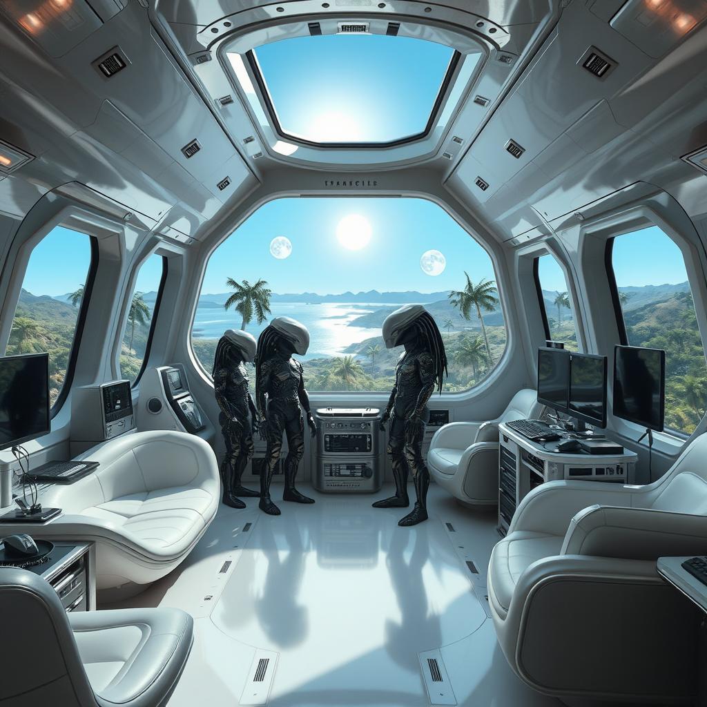 The spaceship room of an alien civilization, featuring a high-tech design for a unique interior