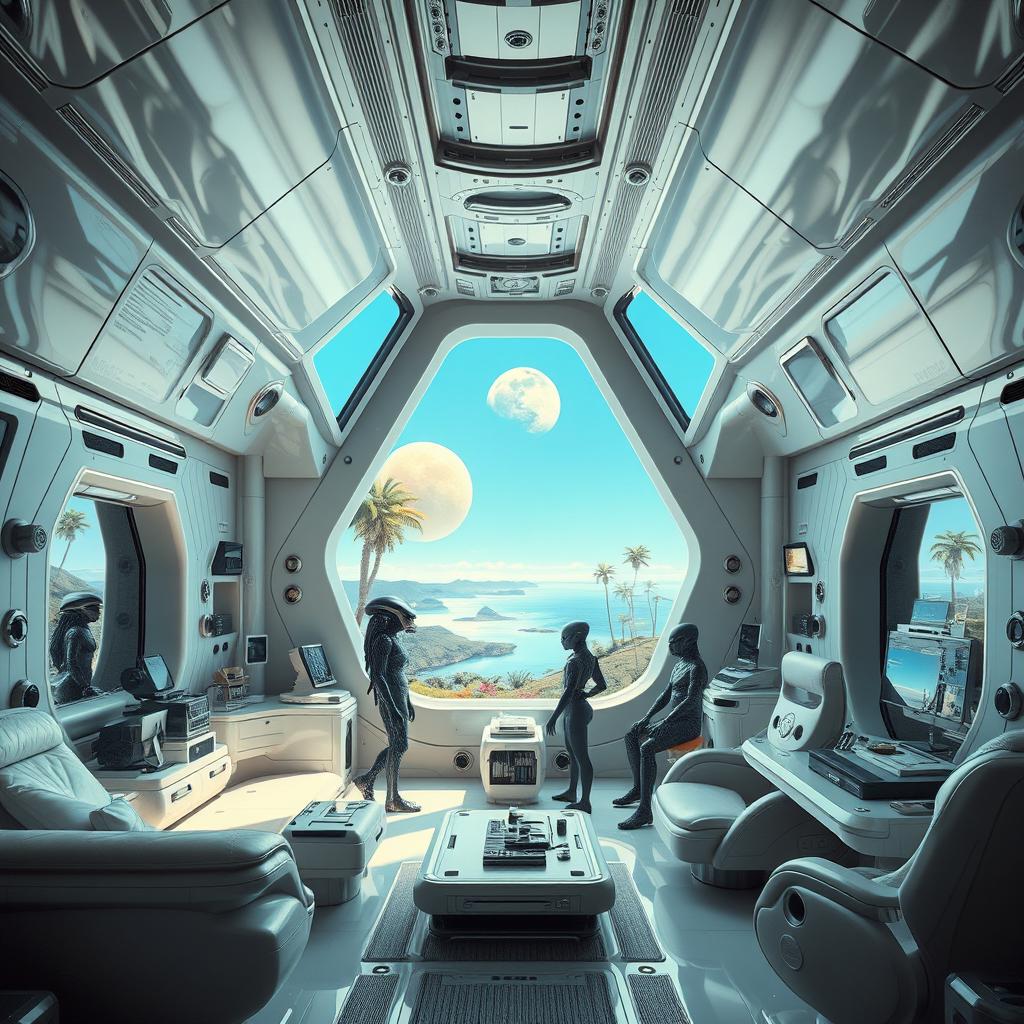 The spaceship room of an alien civilization, featuring a high-tech design for a unique interior