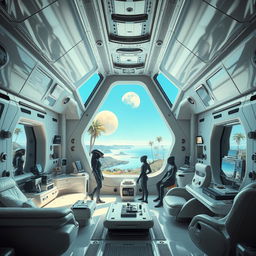 The spaceship room of an alien civilization, featuring a high-tech design for a unique interior