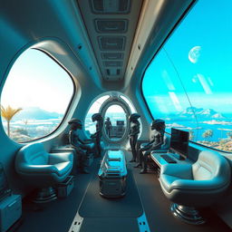 The spaceship room of an alien civilization, featuring a high-tech design for a unique interior