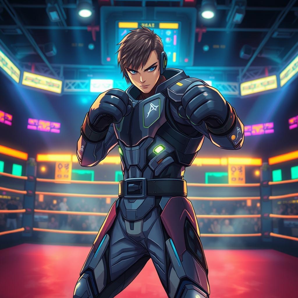 An anime-style book cover featuring a boxer in a dynamic combat stance, dressed in a sleek, futuristic battle suit