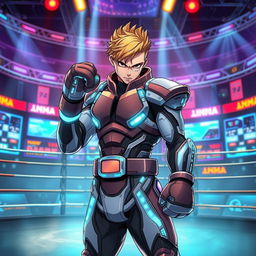 An anime-style book cover featuring a boxer in a dynamic combat stance, dressed in a sleek, futuristic battle suit