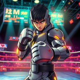 An anime-style book cover featuring a boxer in a dynamic combat stance, dressed in a sleek, futuristic battle suit