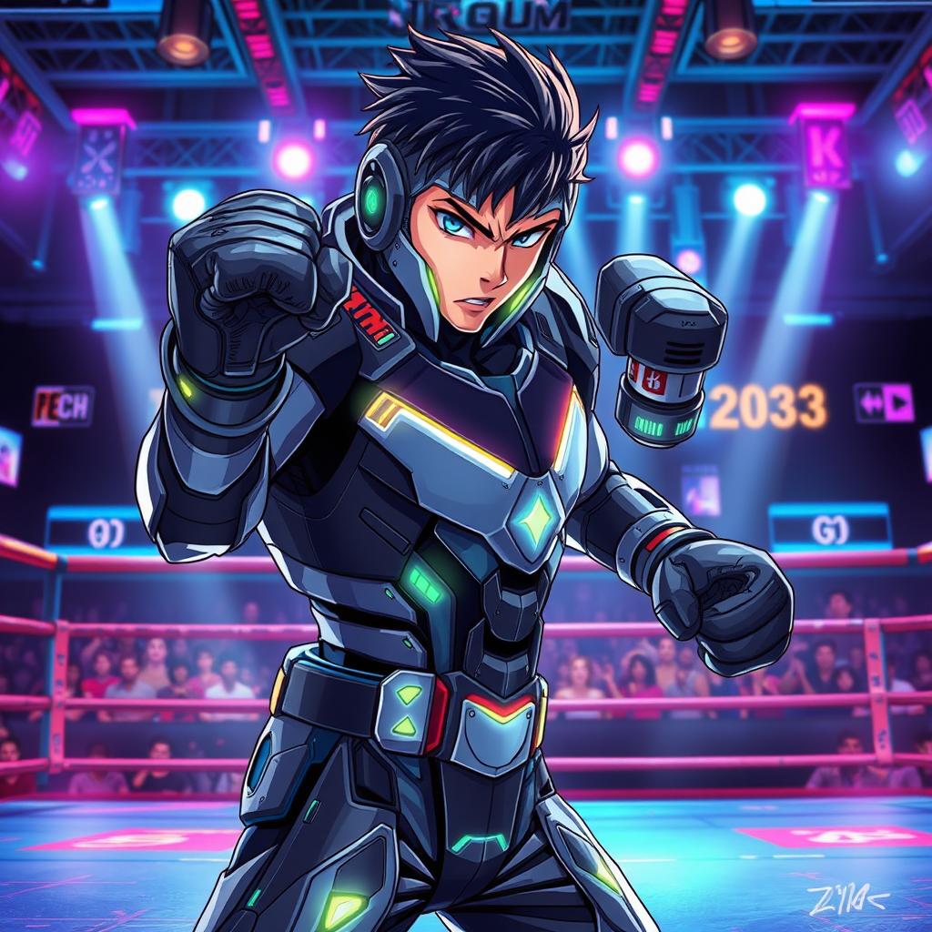 An anime-style book cover featuring a boxer in a dynamic combat stance, dressed in a sleek, futuristic battle suit