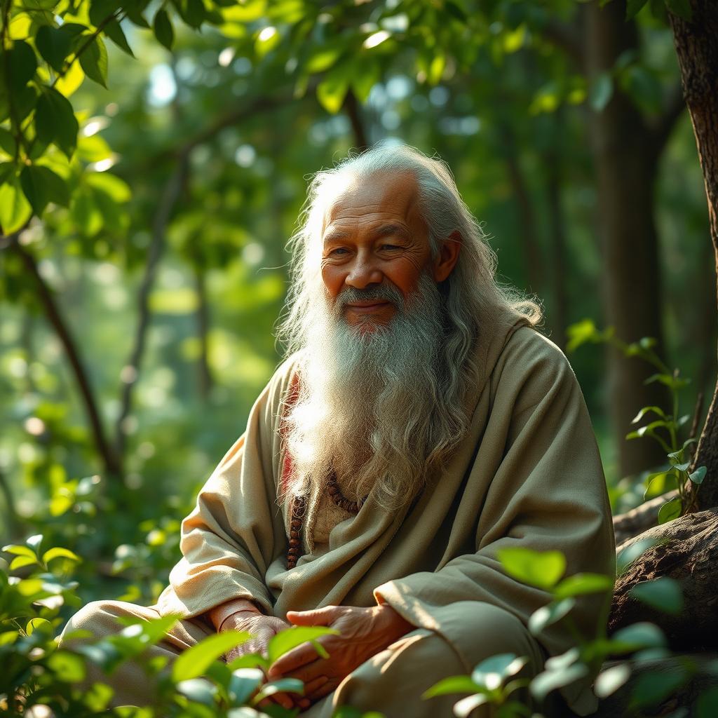 an ancient and serene sage sitting in a tranquil forest setting, exuding an aura of wisdom and peace