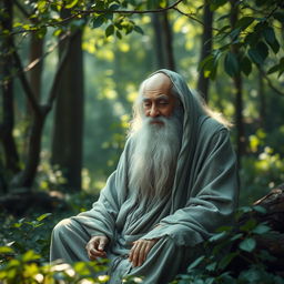 an ancient and serene sage sitting in a tranquil forest setting, exuding an aura of wisdom and peace