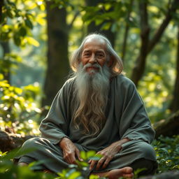 an ancient and serene sage sitting in a tranquil forest setting, exuding an aura of wisdom and peace