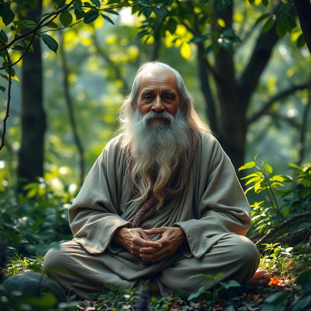 an ancient and serene sage sitting in a tranquil forest setting, exuding an aura of wisdom and peace