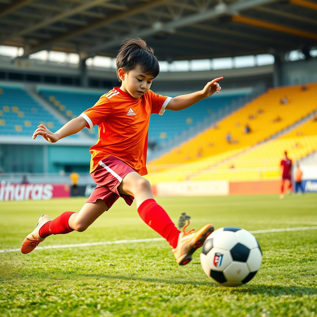 Asian boy playing soccer with high energy, captured mid-kick with vibrant colors and motion blur on the soccer ball, in a realistic style