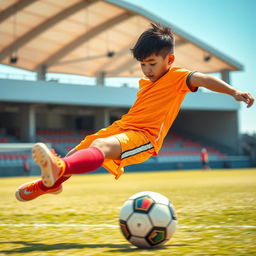 Asian boy playing soccer with high energy, captured mid-kick with vibrant colors and motion blur on the soccer ball, in a realistic style