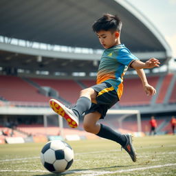 Asian boy playing soccer with high energy, captured mid-kick with vibrant colors and motion blur on the soccer ball, in a realistic style