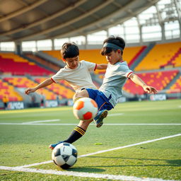 Asian boy playing soccer with high energy, captured mid-kick with vibrant colors and motion blur on the soccer ball, in a realistic style