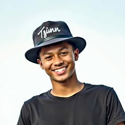 A young man with a vibrant smile, wearing a casual T-shirt and a stylish hat