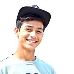 A young man with a vibrant smile, wearing a casual T-shirt and a stylish hat