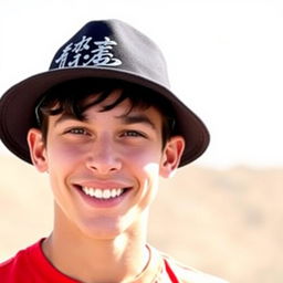 A young man with a vibrant smile, wearing a casual T-shirt and a stylish hat