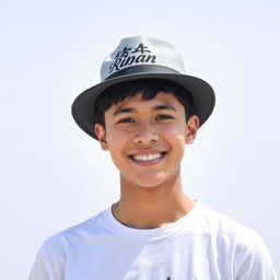 A young man with a vibrant smile, wearing a casual T-shirt and a stylish hat